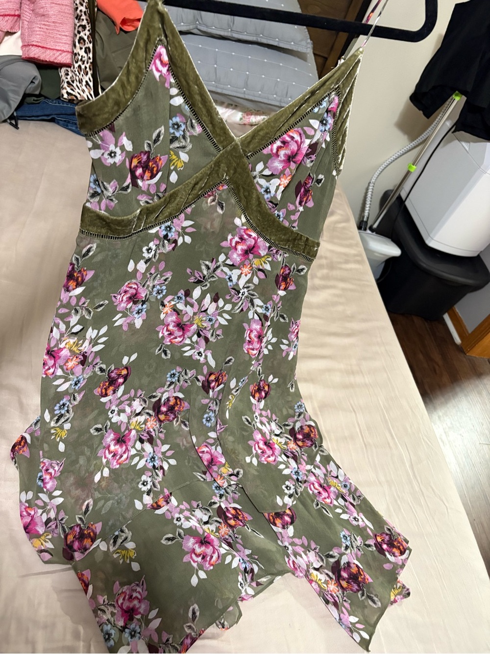 Gorgeous WHBM Spaghetti strap olive green with floral print midi sundress!